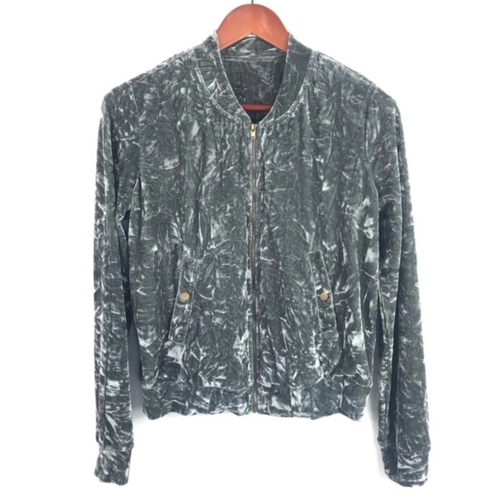 Crushed Velvet Metallic Grey Bomber Jacket‎ Mystical Goth Y2K Streetwear